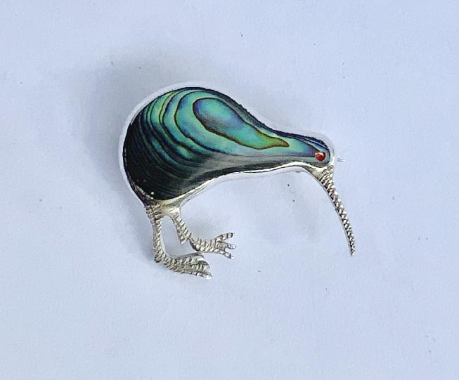 vintage New Zealand .925 sterling silver and paua (New Zealand abalone) kiwi brooch